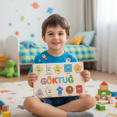 Montessori Ahşap İsme Özel Puzzle 10 Figür İngilizce Şekiller